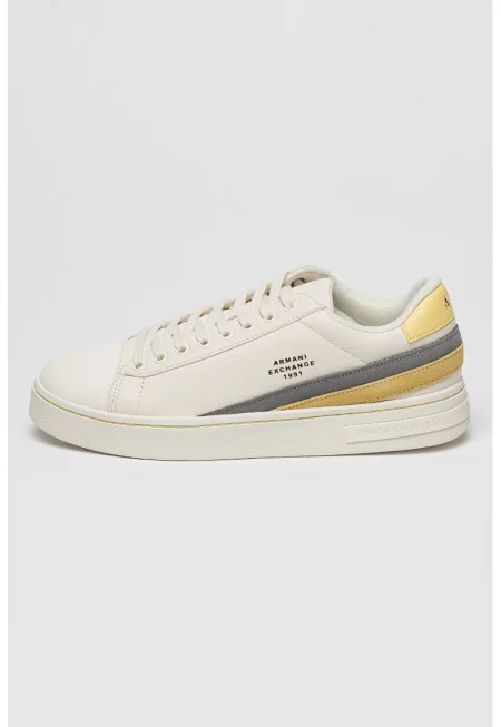 Маратонки от еко кожа с лого - Светло сив/Мръснобял/Синапено жълто