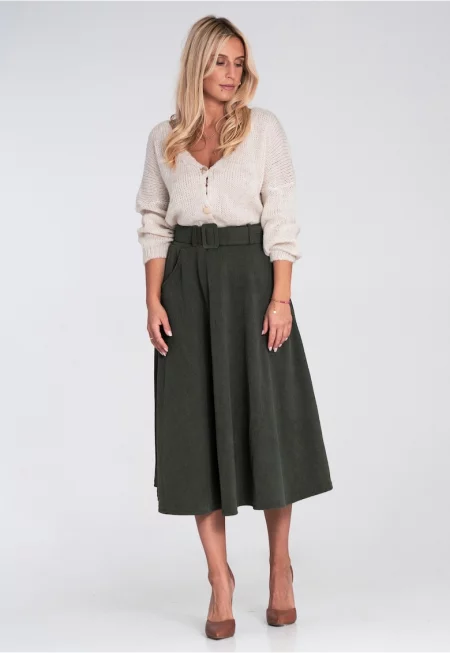 Миди пола  наситено зелена - разкроена - с колан - синтетичен материал -