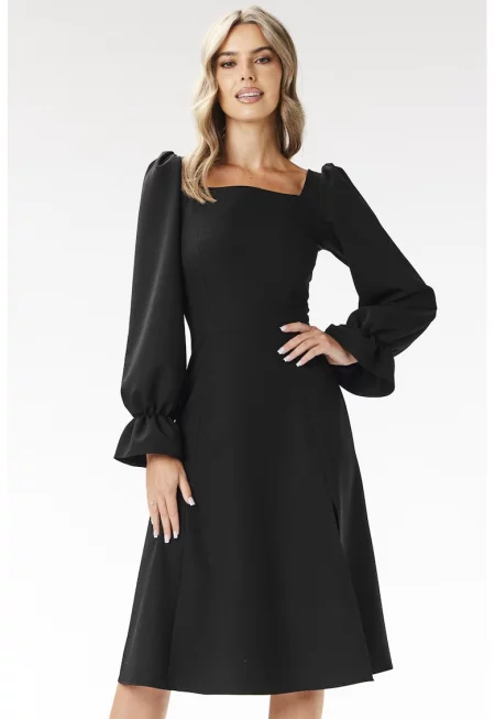 Миди рокля -  квадратно деколте - дълги ръкави - черна - полиестер-еластан
