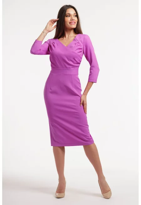 Миди рокля с шпиц и шлиц отзад - Фанданго розово