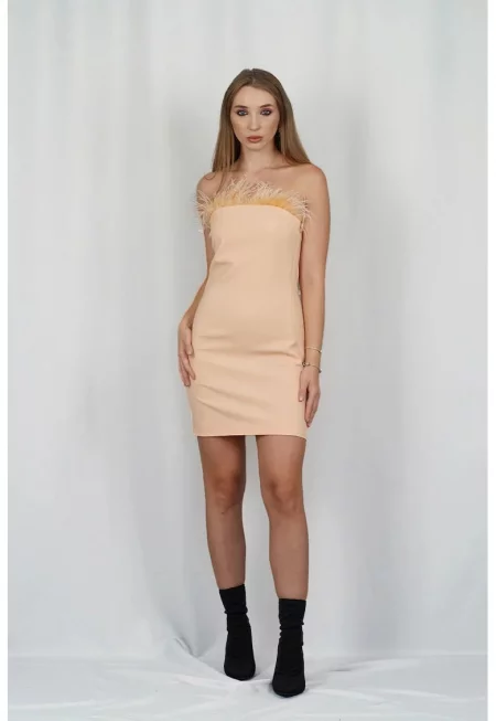 Мини рокля с вложки от пера по деколтето - Жълт