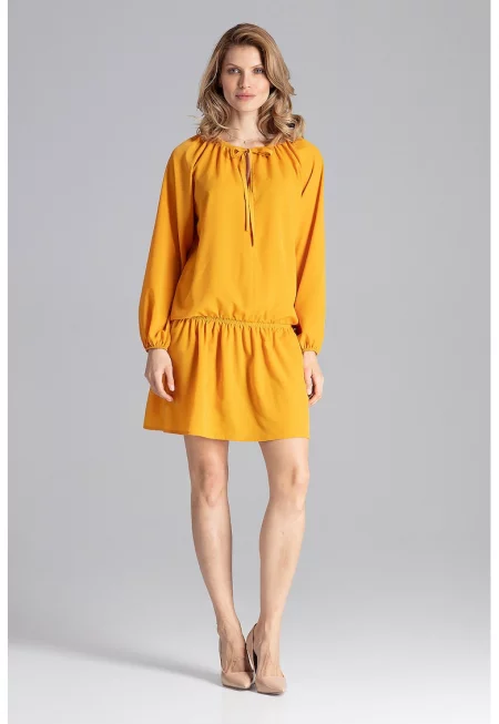 Мини рокля -  жълто - волани - лятна - полиестер