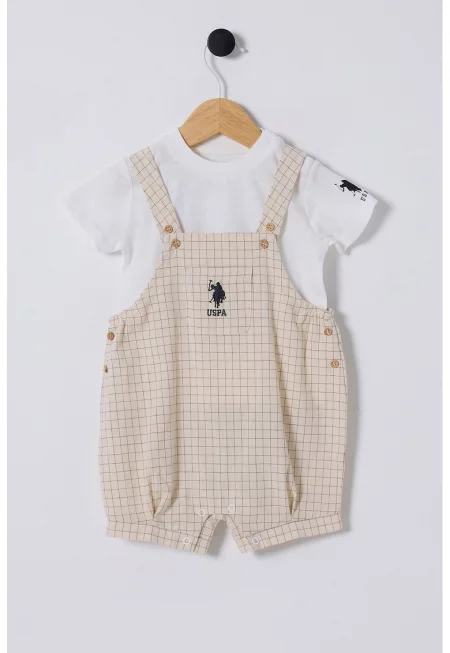 Памучен кариран гащеризон и тениска - 2 части - Бял/Бежов