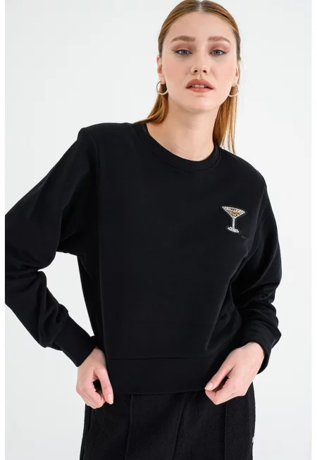 Памучен суитшърт с овално деколте - Черен