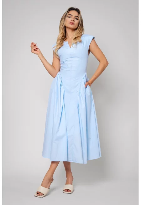 Памучна разкроена миди рокля - Пастелносин