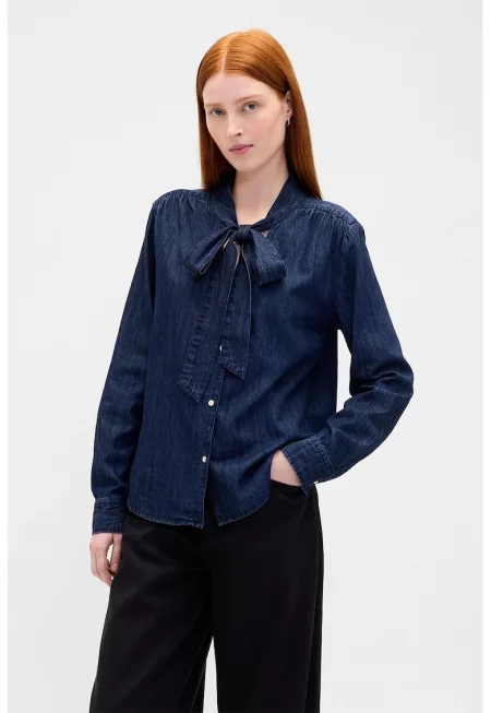 Памучна риза с панделка - Тъмносин