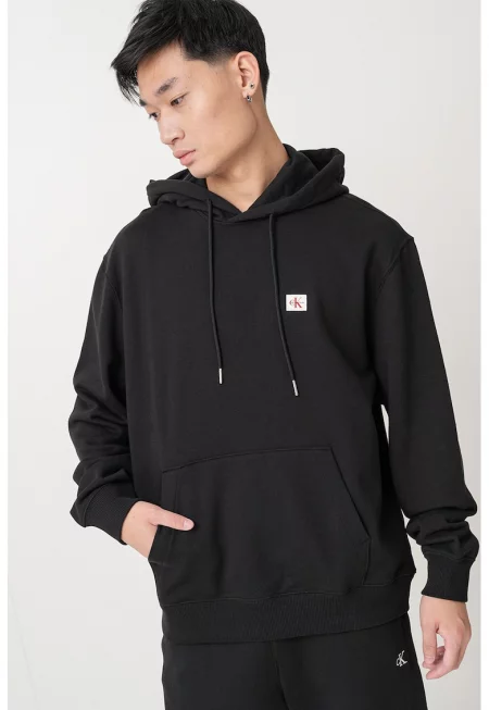 Памучно худи с джоб кенгуру - Черен