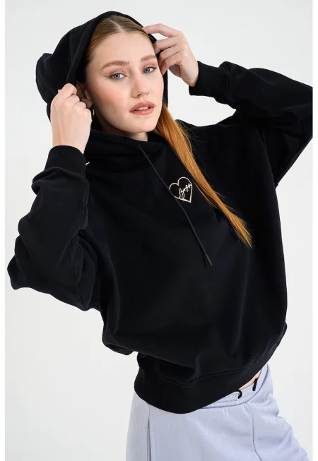 Памучно худи с лого - Черен