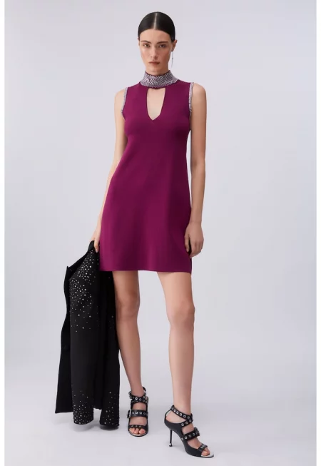 Плетена рокля с декоративни камъни - Виолетов