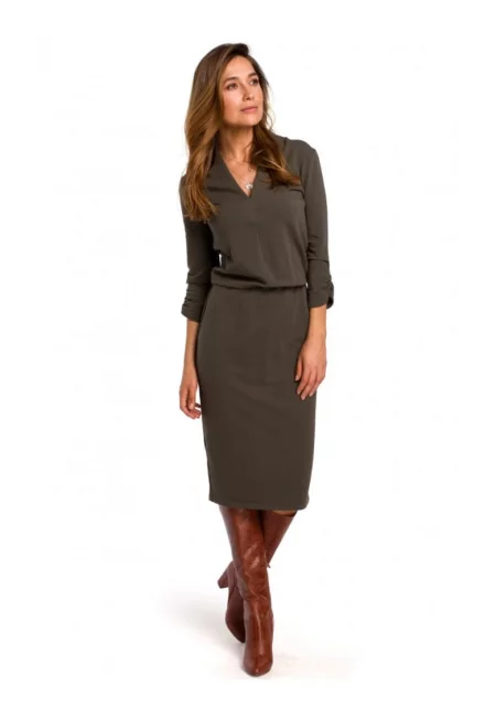 Плетена рокля с V-образно деколте - стил - памук - маслинено зелено - 2XL