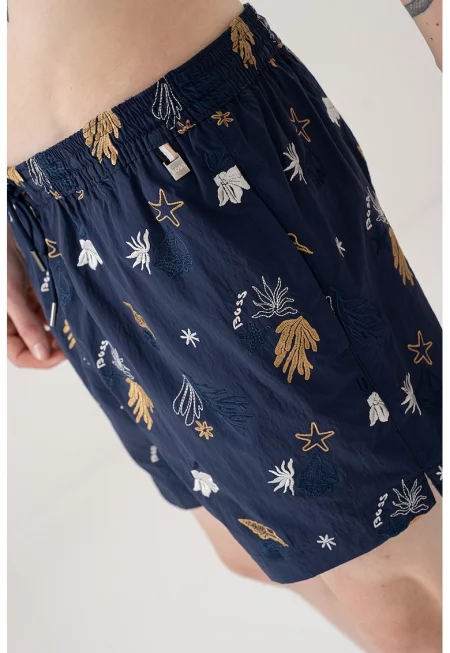 Плувни шорти с бродерии и връзка - Тъмносин