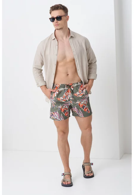 Плувни шорти с принт и джобове - Мандарина/Папратово зелено