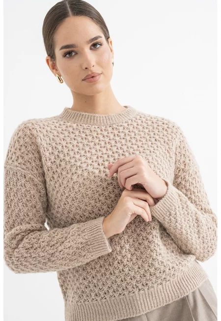 Пуловер с алпака и паднали ръкави - Светлокафяв