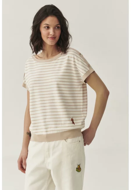 Раирана блуза с овално деколте - Светло бежово