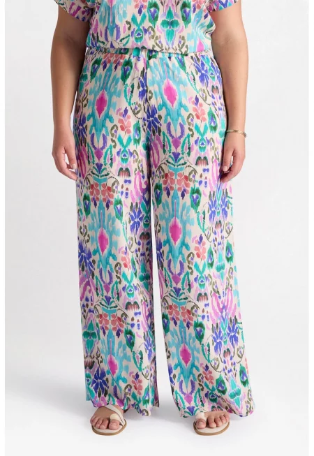 Разкроен панталон с еластична талия - Тюркоаз/Индигово синьо/Розово