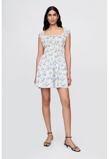 Разкроена флорална рокля - Слонова кост/Светлосин