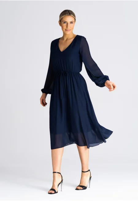 Разкроена миди рокля -  тъмносиня - с буф ръкави - полиестер