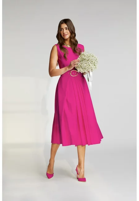 Разкроена миди рокля Vienna с колан - Фуксия