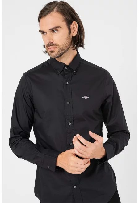 Риза по тялото с копчета на яката - Черен