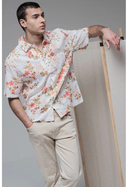 Риза с лен с къси ръкави - Червен/Мръснобял