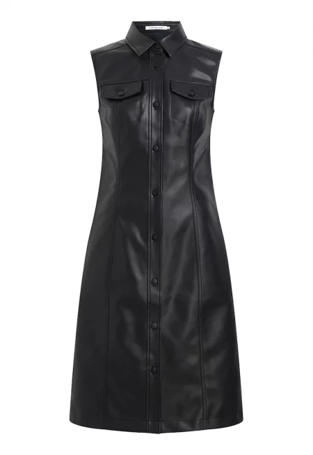 Рокля от еко кожа без ръкави с джобове с капаче - Черен