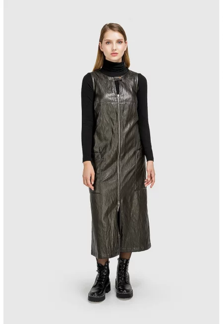 Рокля от еко кожа с цип - Черен