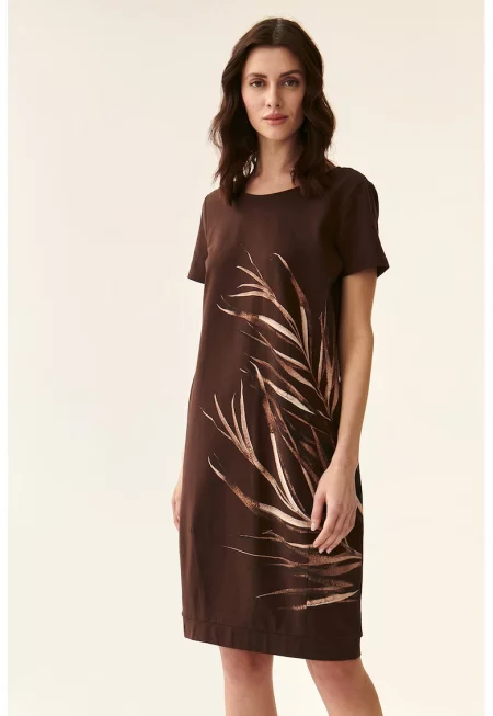 Рокля с принт - Коняк кафяв