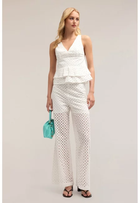 Широк панталон с дантела Сан Гало - Бял