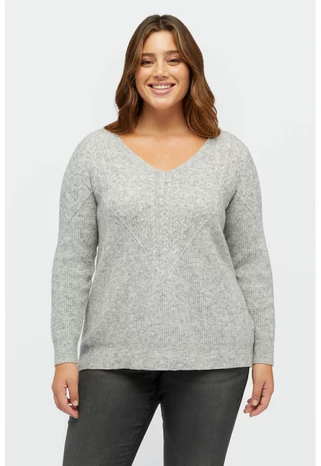 Шпиц пуловер с вълна - Сив меланж