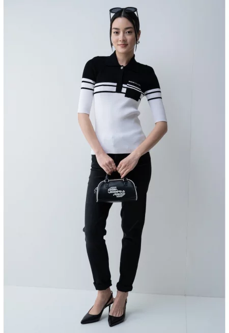 Слим пуловер с 3/4 ръкави - Бял/Черен