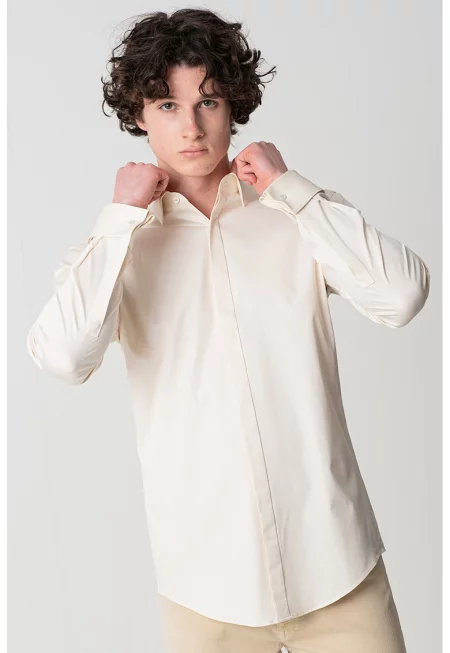 Слим риза с маншети с копчета - Бледожълт