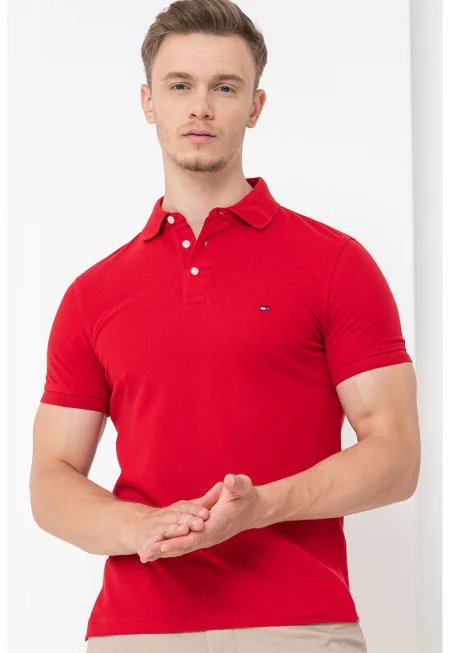 Слим тениска 1985 с органичен памук с яка - Аленочервен