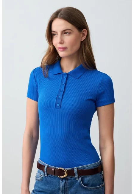 Слим тениска с модал с яка - Кралско Синьо