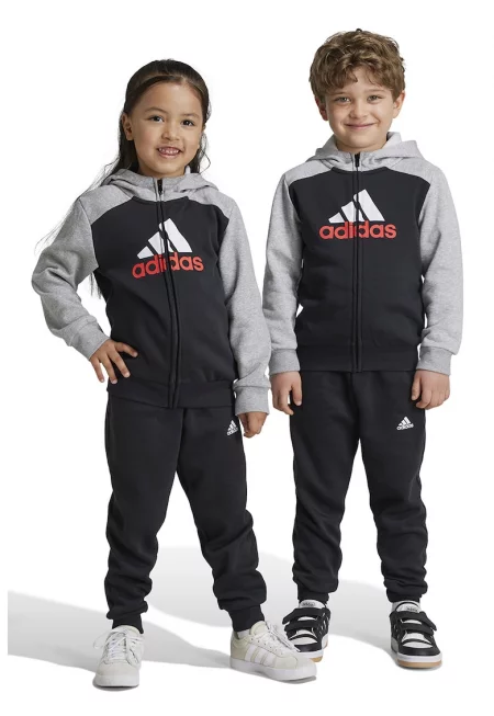 Спортен екип с цветен блок и качулка - Черен/Светло сив