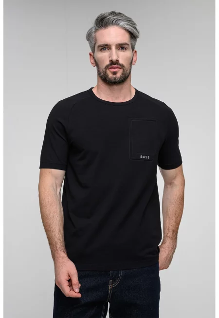 Тениска с овално деколте и лого - Черен