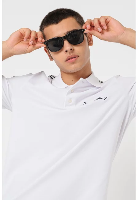 Тениска с памук - яка и лого - Бял/Тъмносин