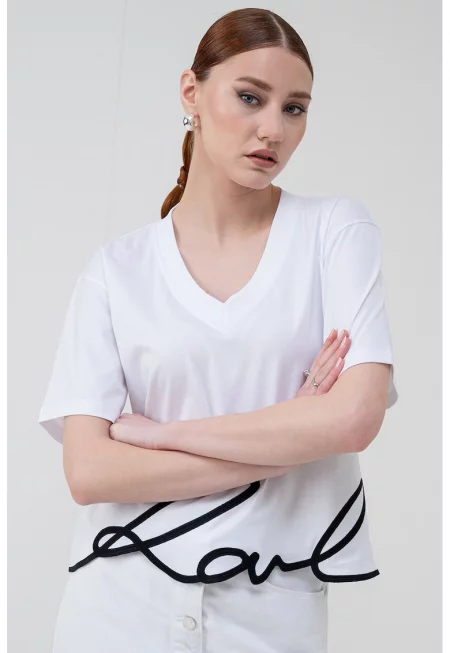 Уголемена тениска с лого на подгъва - Черен/Бял