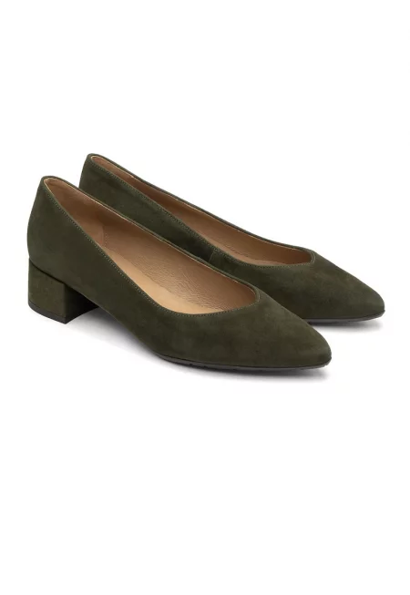 Велурени обувки с масивен ток - Тъмно каки