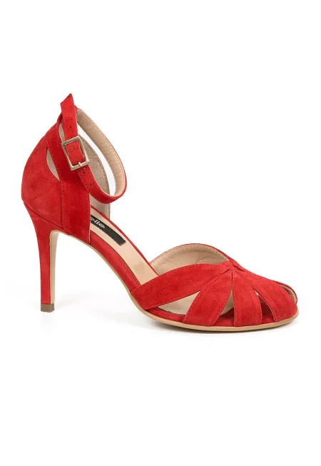 Велурени сандали Coral с ток - Червен