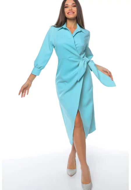 Застъпена рокля с шлиц отпред - Небесносин