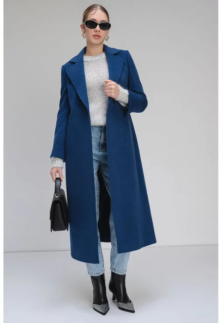 Застъпено палто Longrun от необработена вълна - Син меланж
