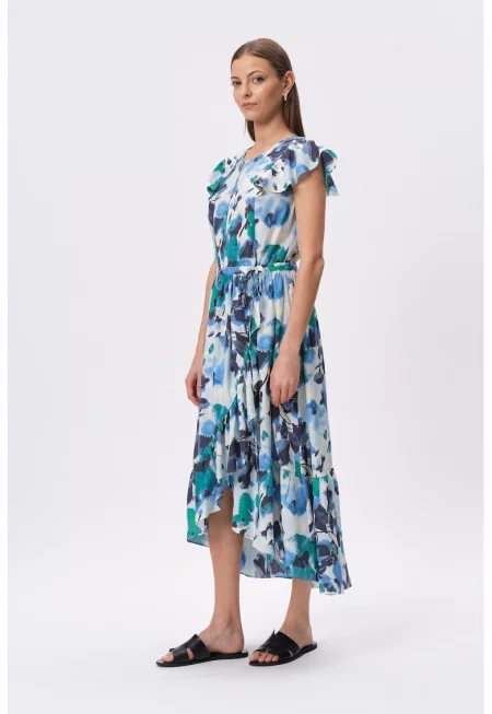 Асиметрична рокля с десен - Бял - Син -