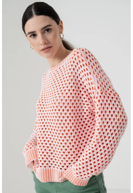 Ажурен пуловер с паднали ръкави - Бял/Оранжев