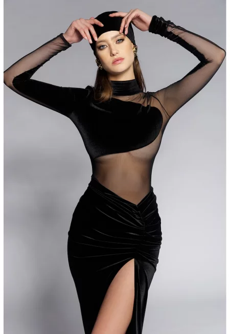 Боди с полупрозрачни зони - Черен