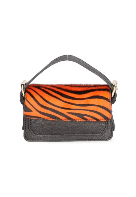 Чанта през рамо от кожа и кожа с косъм - Оранжев/Избеляло черно