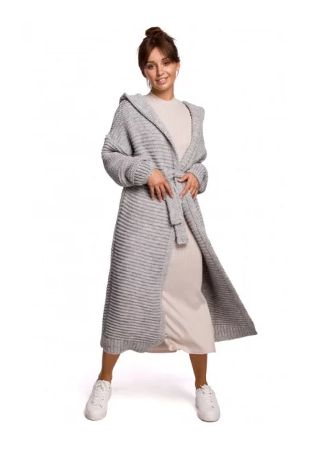 Дълга жилетка с качулка - акрил/найлон/вълна - сива - един размер