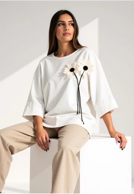 Дамска блуза - Фигл - Цвете - Памук/Полиамид/Еластан - Бяла - Един размер