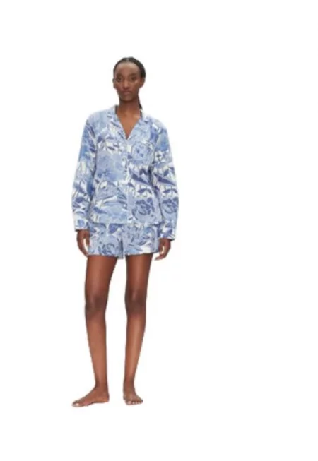 Дамска пижама -  флорални мотиви - синя - памучна