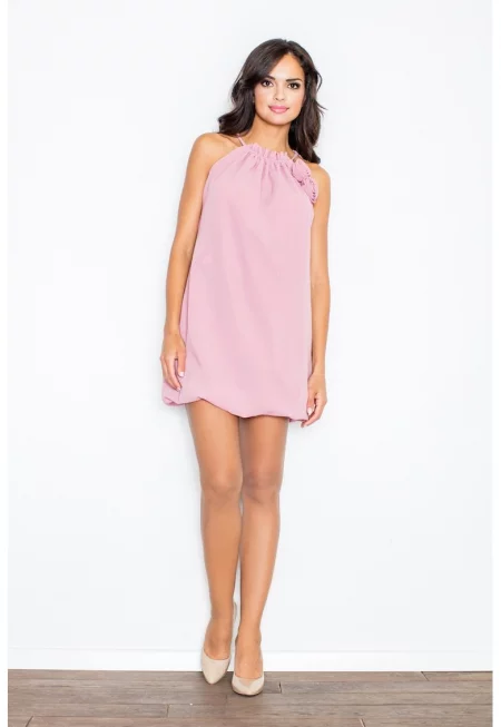 Дамска рокля  лятна - розова - полиестер - елегантен дизайн