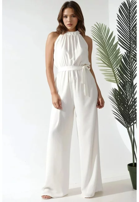 Дамски гащеризон -  с широка яка - деколте тип халтер - бежов - памук